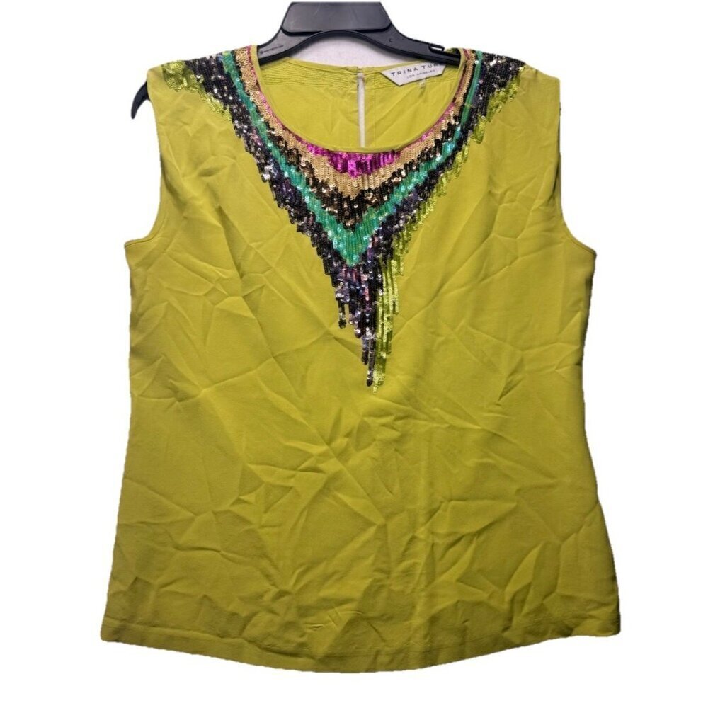 Trina Turk Women's Top Blouse Bright Yellow 100% Silk M Sequin Multicolor Accent